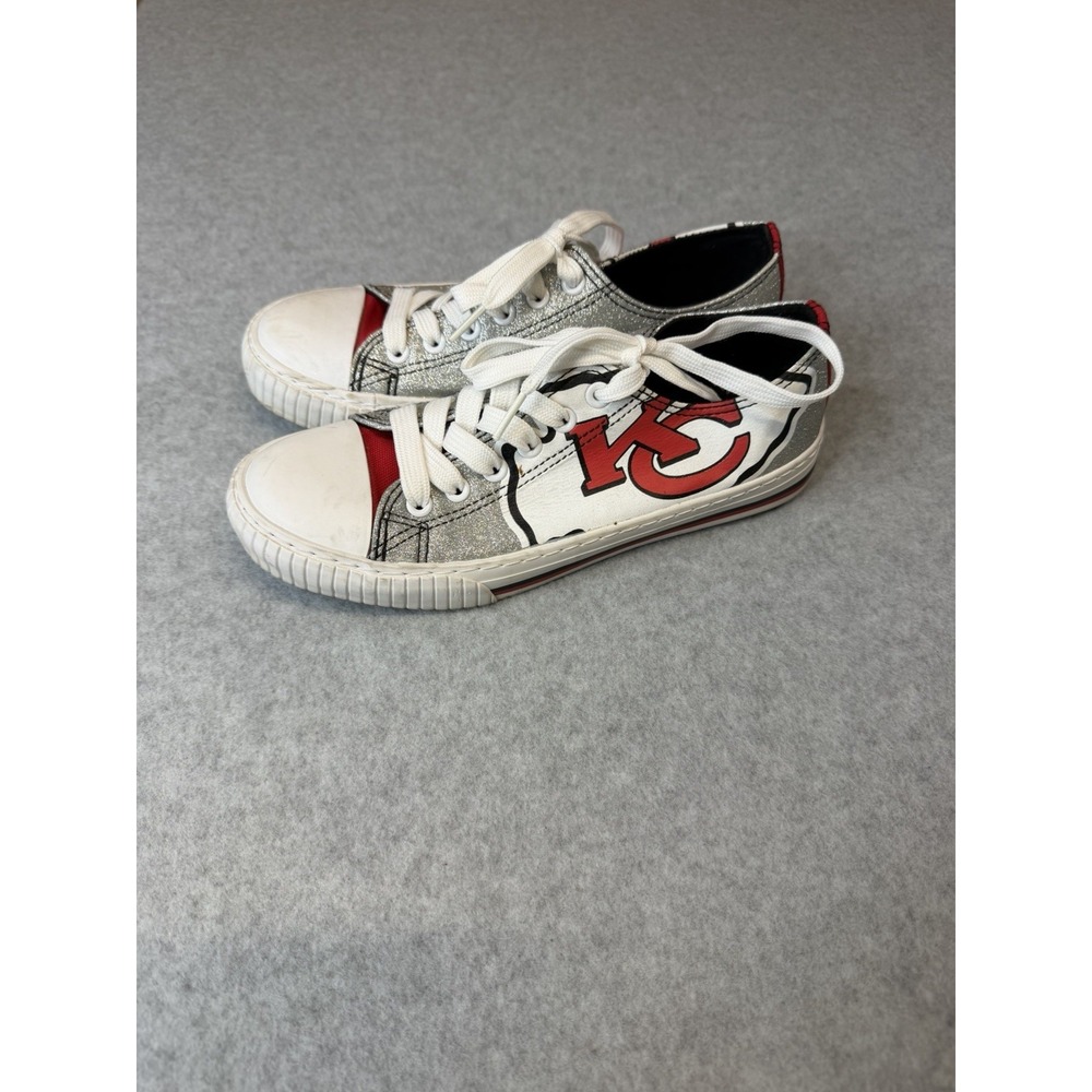 FOCO Kansas City Chiefs White Silver Glitter/Red/Blk Women's 7 NFL Sneakers EUC!